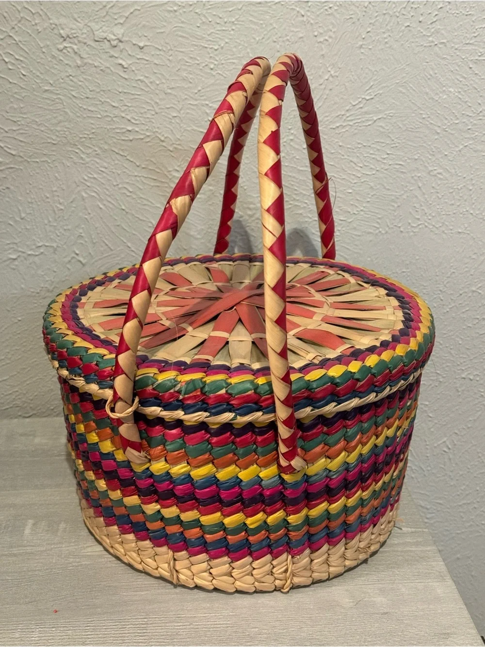 Handwoven Multicolor Woven Basket with Handle